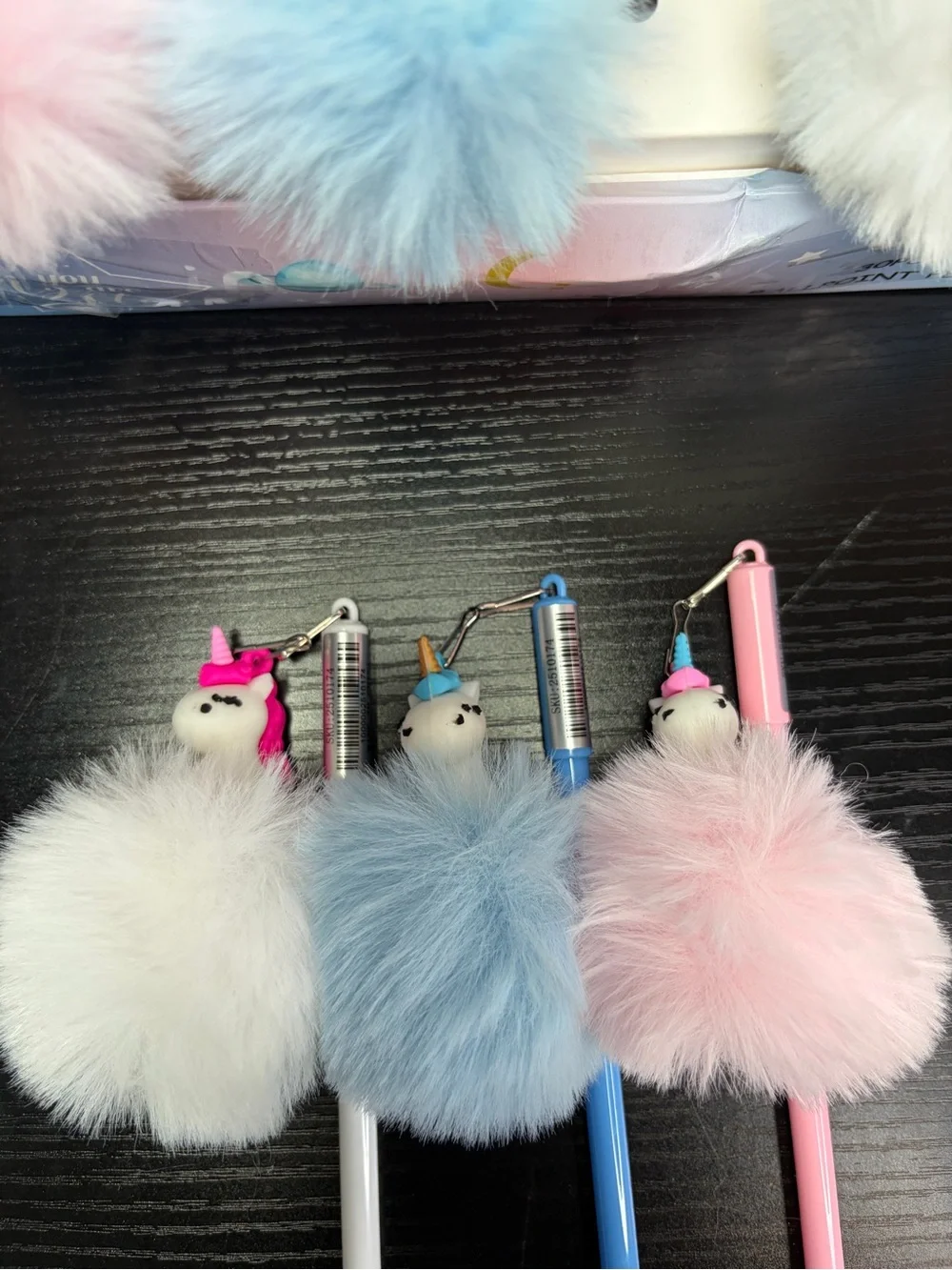 3pc Plush Pom-Pom Unicorn Pen Keychain - Blue, Pink, White